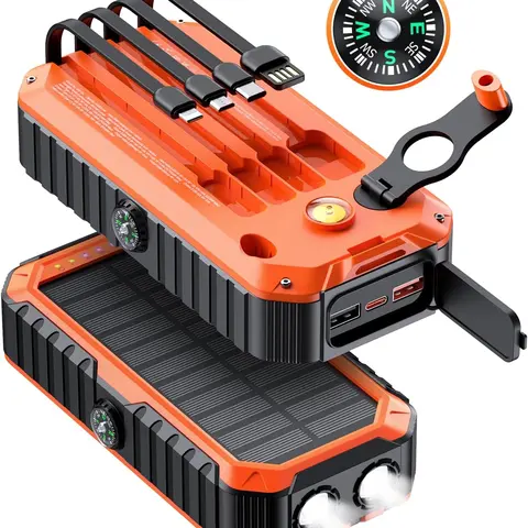 Diamuar 40000mAh Portable Solar Charging Battery Power Bank - 20W PD Fast Charging, Hand Crank, 4 Built-in Cables, Compass, Level, LED Flashlight, Double USB-A, Rechargeable for Mobile/Smartphone Camping Travel
