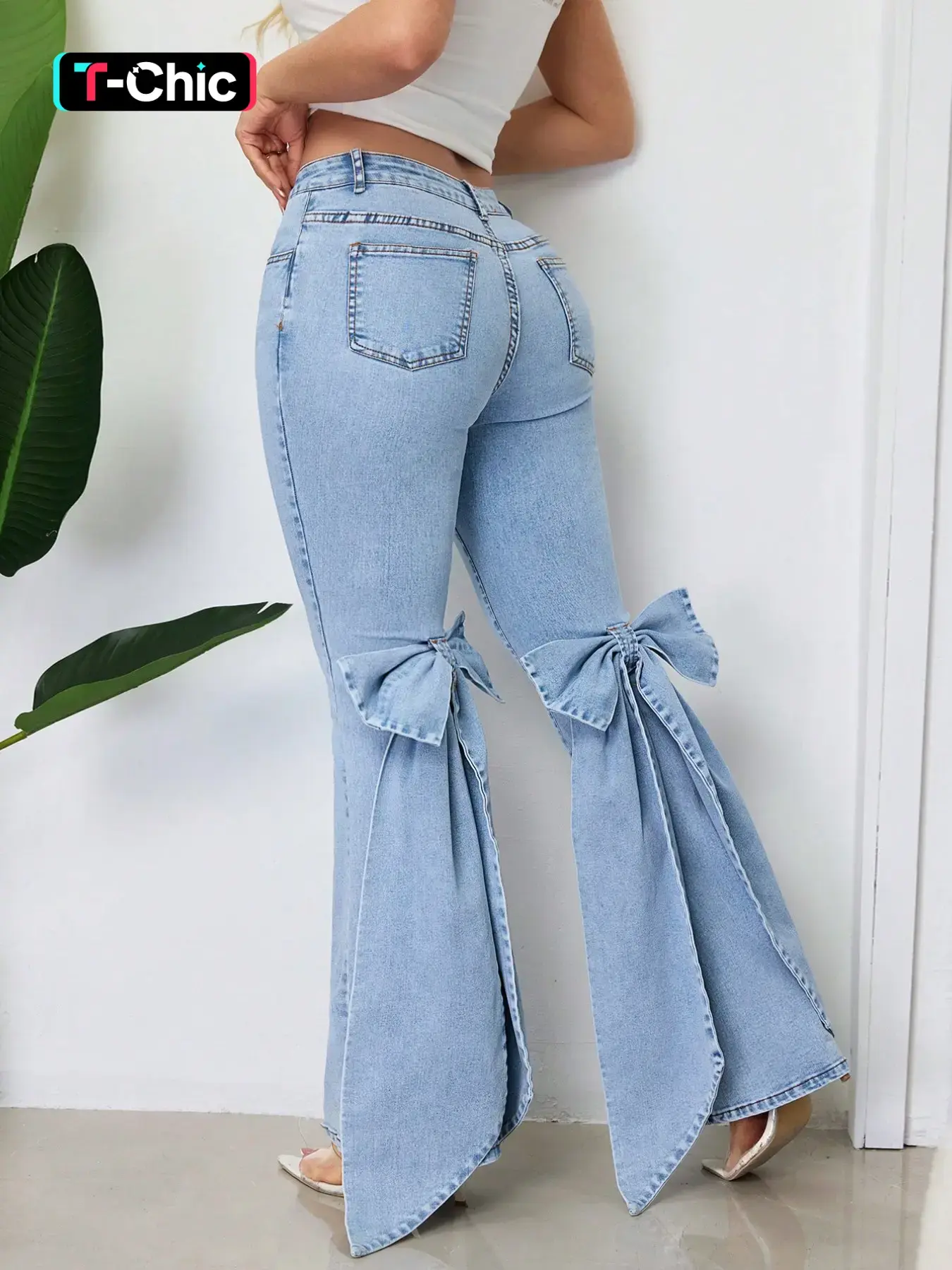Elegant Women's High Waist Slim Fit Denim Jeans, High Waisted Jeans, Flattering Jeans, Butterfly Knot Design, Flared Leg Design, Stretchy Micro Flare Pants, Casual Chic Womenswear Fashion for All Seasons Bottom