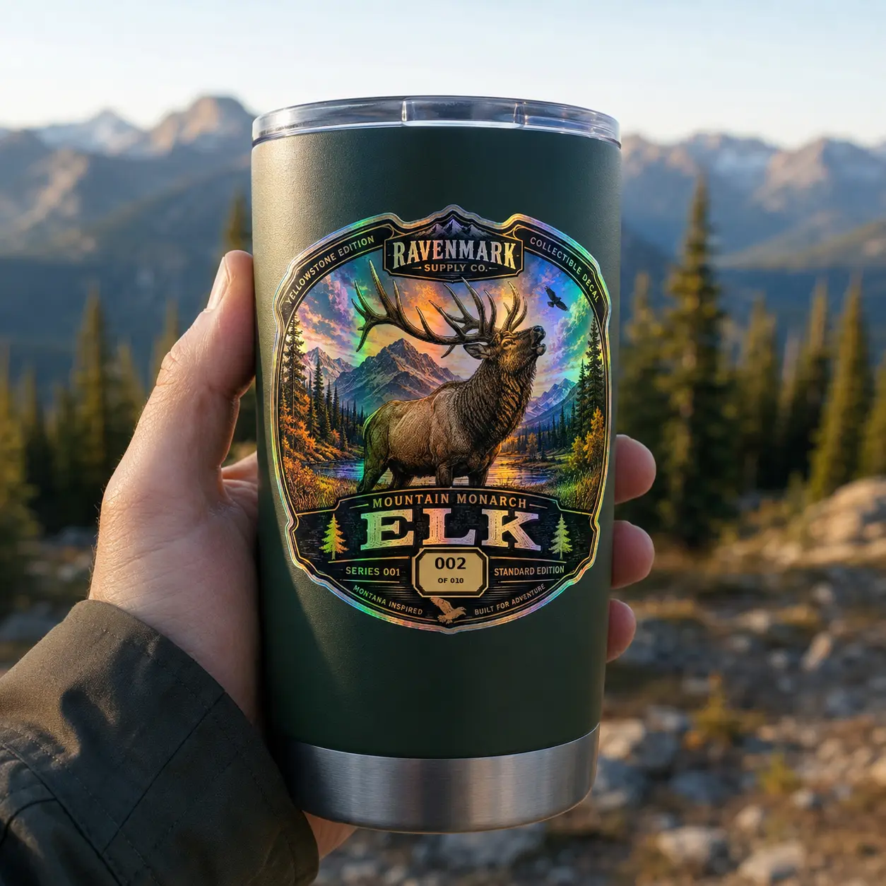 Ravenmark Supply Co. Mountain Monarch Elk Holographic Die-Cut Vinyl Sticker #002 of 010 - Collectible Montana Icon Waterproof, Scratch-Resistant Premium Decal for Water Bottles, Coolers
