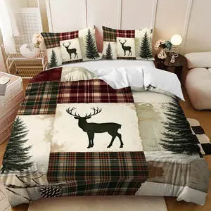 Bedding 3-piece set - 3PCS,Winter Joyful Red and Green Checkered Pine and Deer Design Down Comforter Set (1 comforter cover + 2 pillowcases, filling not included) - soft and comfortable, suitable for family bedrooms.