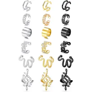FINREZIO 18 Pcs Black Golden Silvery Diverse Starter Non-Piercing Ear Cuff Set for Women Men Stainless Steel Copper Lightweight Fake Piercing Earrings with Vivid Snake Leaf Filigree Design Durable Jewelry for Newbies Daily Outfit Gifting