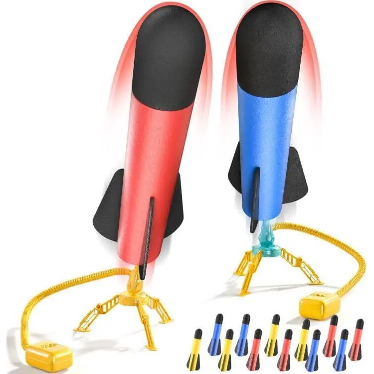 Reusable 2-Pack Rocket Launcher Toy Set for Kids Age 3-8, Includes 12 Foam Rockets, 2 Launch Pads, 100+ft Launch Range, Outdoor Flying Toy, Birthday Gift