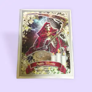 Santa Muerte prayer card in Spanish red robe 3x4