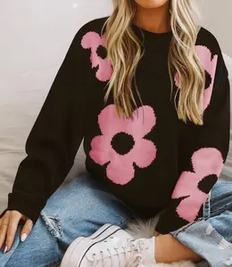 Black and Pink Flower Knit Sweater Floral Womenswear Tops