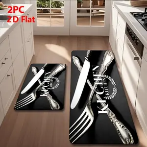 2/3pcs Soft Flannel Kitchen Mat Set, Soft Floor Mat, European Carved Dinnerware + Bay Leaf Design, Anti-Slip, Absorbent, Home Decor, Black, Machine Washable Rug