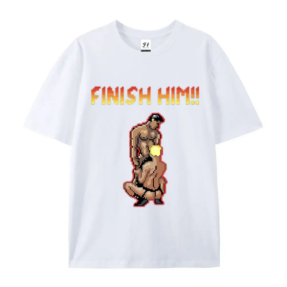 Casual Graphic T-Shirt with "Finish Him" 8-bit Gayming Print, Unisex LGBT Gamer Streetwear, Breathable 100% Cotton Short Sleeve, Shortsleeve, Solid, Casual Fit, Tops, Breathable Fabric, Graphic Print