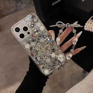 Luxury Butterfly Flower Phone Case with Pearl Chain, Anti-Drop Shockproof Protective Cover for iPhone 17/16/15/14/13 Pro Max, Elegant Design