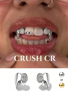 CRUSH CR Halloween Vampire Fang Grillz Set, Gold/Silver Plated Spooky Iced-Out Teeth Caps for Men & Women, Ideal for Costume Parties, Cosplay & Dark Aesthetic Styling