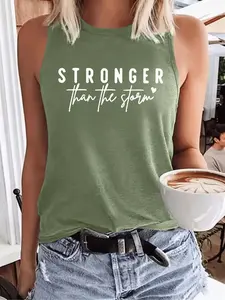 Letter Printed Women's Thin Round Neck Sleeveless Tank T-Shirt Top, Chic Casual Sleeveless, Comfortable Fabric, Casual Simple Design, Perfect for Daily Wear