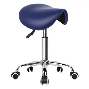 KKTONER Rolling Saddle Stool PU Leather Swivel Adjustable Rolling Stool with Wheels Salon Chair (Blue)