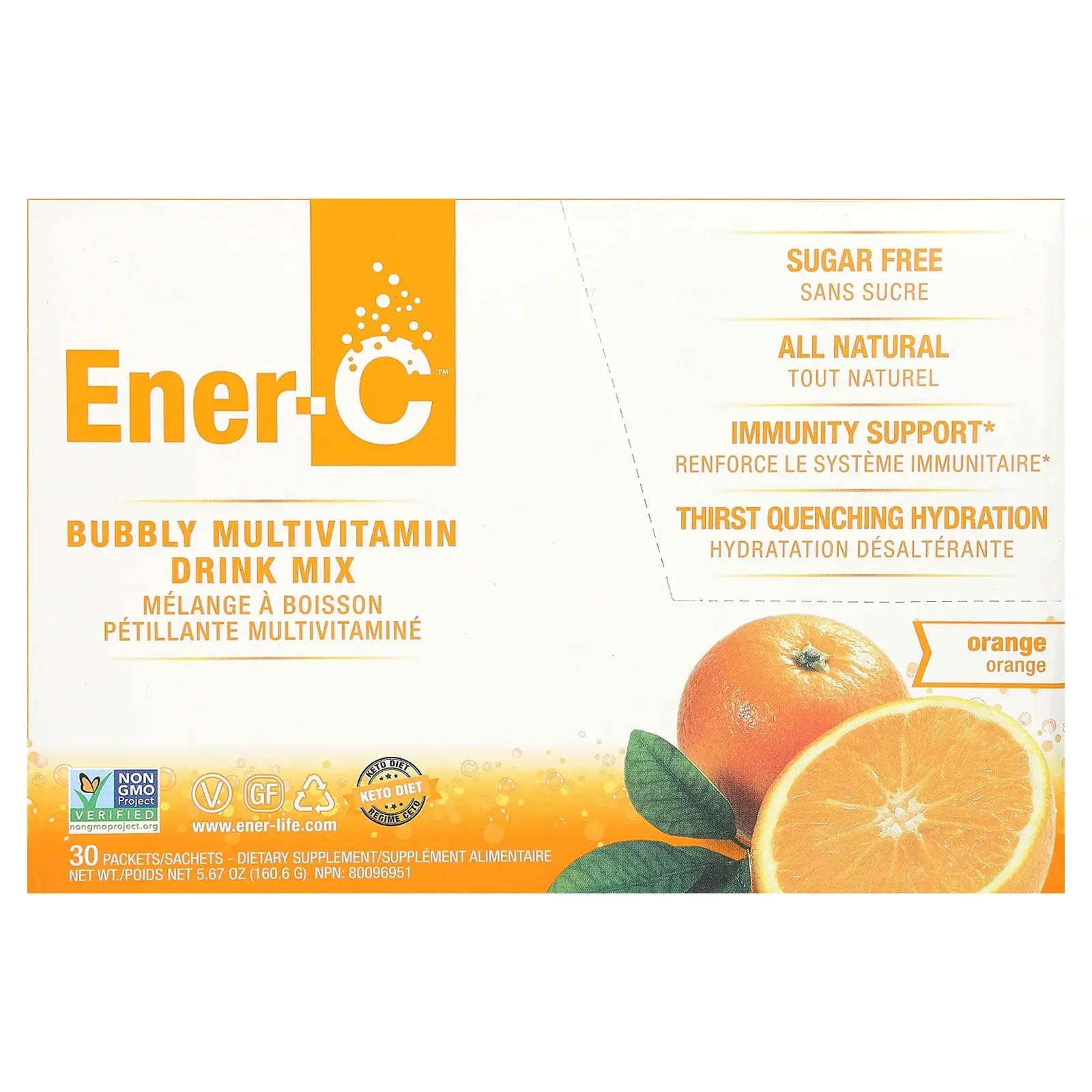Ener-C Bubbly Multivitamin Drink Mix, Sugar Free, Orange, 1,000 mg, 30 Packets, 0.2 oz (5.35 g) Each