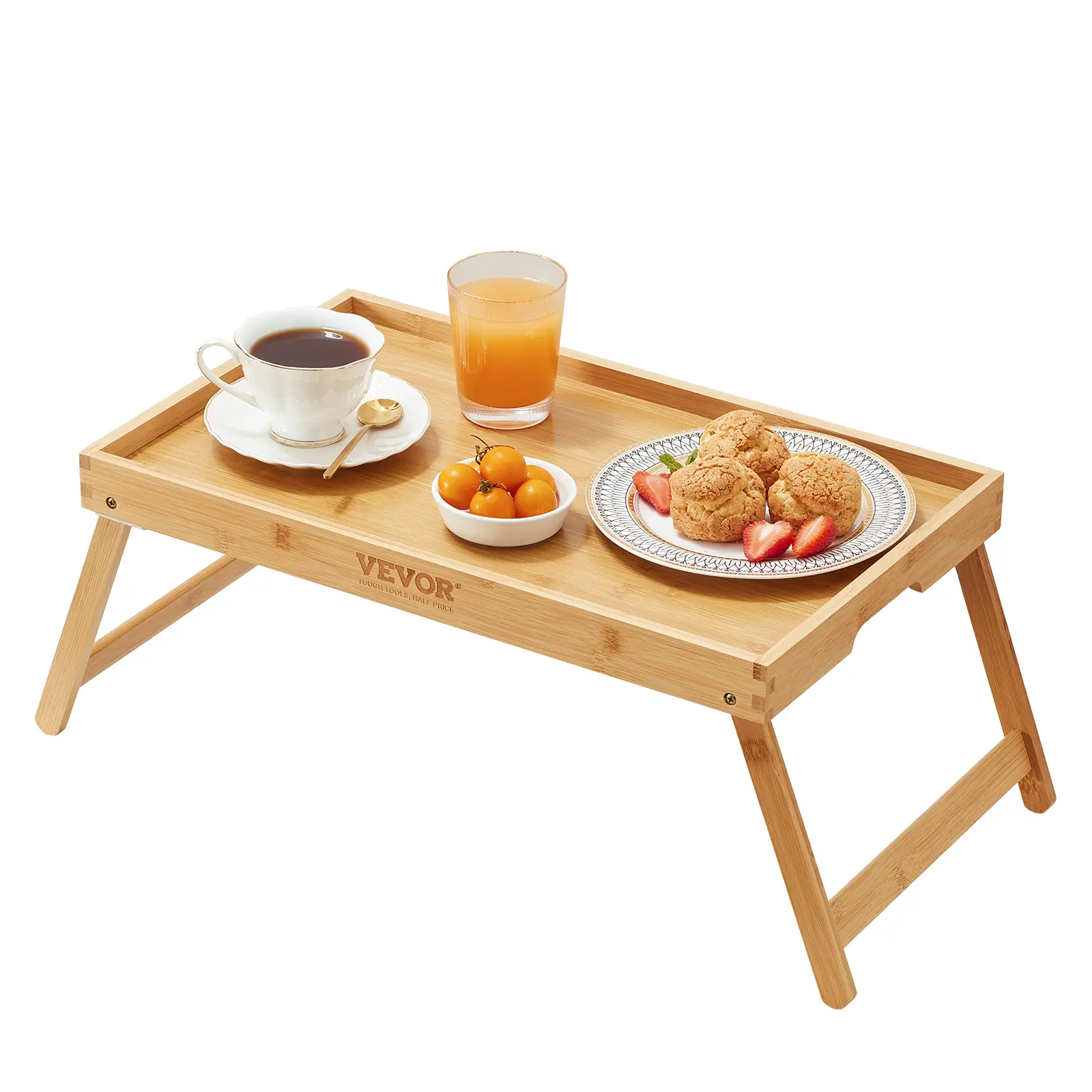 VEVOR Bamboo Bed Tray Table - Lightweight, Waterproof, Folding Legs, Metal Clasps, MDF Board Portable Desk with Dual-Effect Load-Bearing Design for Bed, Living Room, 19.7x11.8in Serving Use