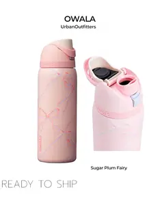 Pink 32oz Owala FreeSip Insulated Water Bottle From The Sugar Plum Fairy Holiday Collection, Featuring A Ribbon Bow Pattern - Real Life Photo