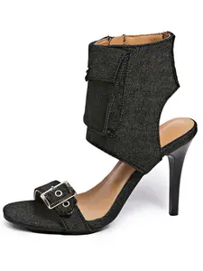 Denim Pocket Stiletto Heel Sandals Shoe - Women's Fashion Classy Sandal Exquisite Heels Open Toe High Heels with Metal Buckle Footwear
