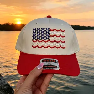 Women's Patriotic Bow American Flag Embroidered Baseball Cap - Red White 2-Tone Mid Profile Dad Hat, Adjustable Trucker Hat for 4th of July Independence Day Outdoor Summer Party Supplies