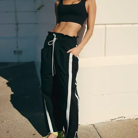 Fisoew Women's Baggy Wide Leg Pants Casual Drawstring Elastic Waisted Contrast Color Workout Y2K Track Pants