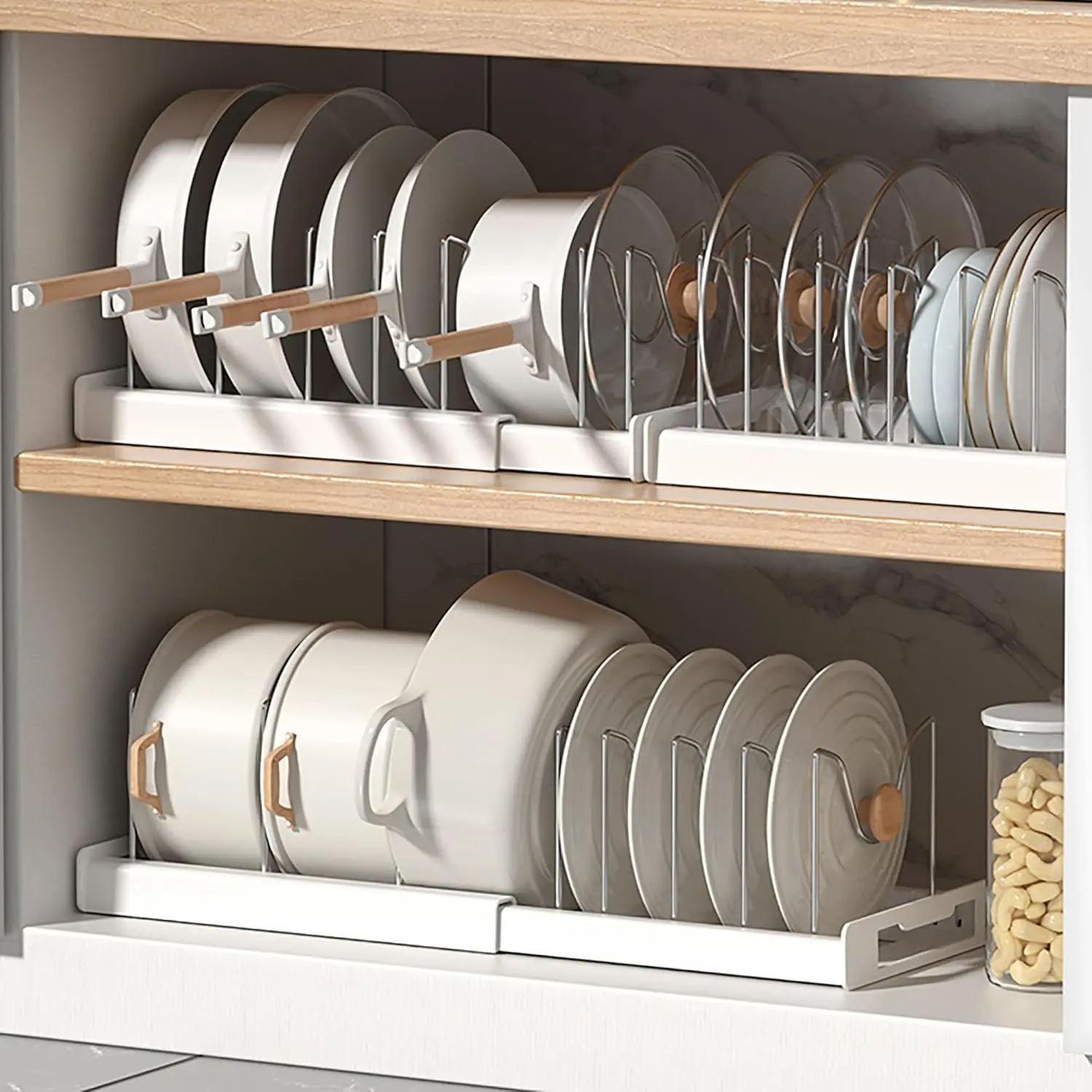 2-Pack Rectangle Expandable Pot and Pan Organizer Rack for Cabinet with 7 Stainless Steel Dividers - Durable Rust-Resistant Storage, Adjustable 30-56 cm Shelves for Small Kitchens, Apartments, House Organizers, Bakeware & Lids Sep