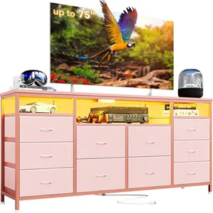 【Christmas Gift】10 Drawer Dresser TV Stand for 65 70 75 Inch Tv  Chest of Drawers 63Inch W Long Fabric Dresser Entertainment Center for Bedroom with Power Outlets and Led Lights Pink