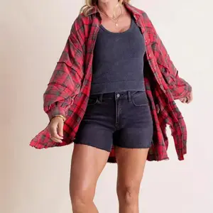 Women's Autumn and Winter New Frayed Lantern Sleeve Loose Button Plaid Shirt Top Womenswear