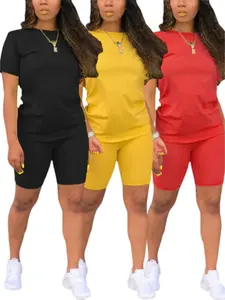 2026 Summer New Big Size Women'S Solid Colour Short Sleeve Shorts Two Piece Set | Round Neck Polyester Breathable Skinny Suit | Multi-Colour Available Casual Sportswear