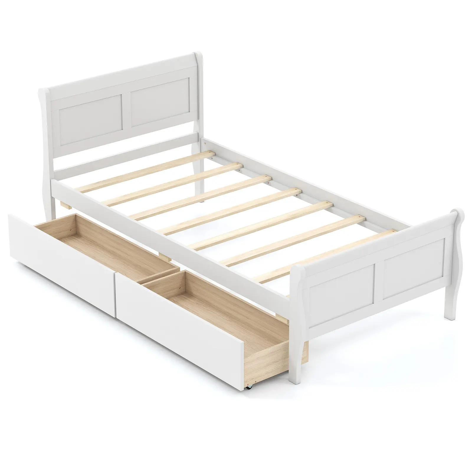 COSTWAY - Twin Size Sleigh Bed with 2 Storage Drawers Wood Platform Bed Frame-White COSTWAY - Twin Size Sleigh Bed with 2 Storage Drawers Wood Platform Bed Frame-White