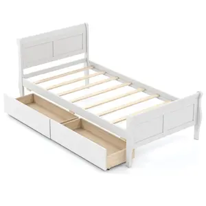 COSTWAY - Twin Size Sleigh Bed with 2 Storage Drawers Wood Platform Bed Frame-White