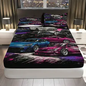 3Pcs Racing Sport Cars Dynamic Fitted Sheet Three Piece Set (1*Fitted Sheet+2*Pillowcases, Coreless), Motorsport theme, Stylish Bedding Set, Mattress Protector Soft, Breathable