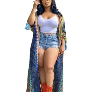 Winter Fashion Women Full Length Open Front Kimono Coat - Multicolored Loose Crochet Cardigan Duster, Womenswear, Comfy Oversize Everyday Outfit Clothing Dress