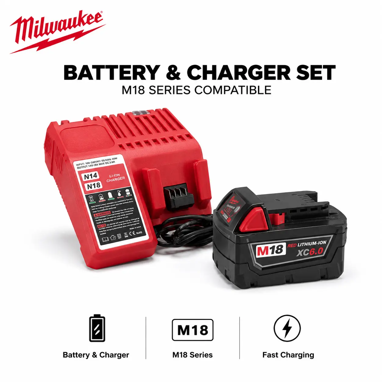 Milwaukee M18 Red Lithium-Ion XC6.0 Battery & Charger Combo, Reliable Energy, Efficient Charging, Broad M18 Compatibility for Carpentry & Electrical Professionals