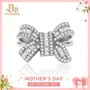 Delzzad 0.8ct Midnight Coquille Ring Luxury Bow Ring Baguette Cut Engagement Ring Ribbon Design VVS Synthetic Moissanite Ring Jewelry S925 Band Perfect Birthday Engagement Wedding Anniversary Christmas Valentine's Day Mother's Day Gift