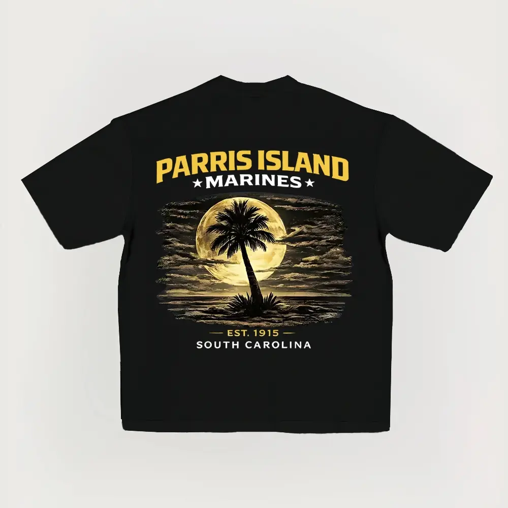 Parris Island Marines Vintage T-Shirt, Double-Sided Print, USMC Est.1915 South Carolina Retro Sunset Palm Tree Tee, Unisex Casual Military Shirt, Veterans Patriotic Gift, Unisex Solid Color Cotton T-Shirt