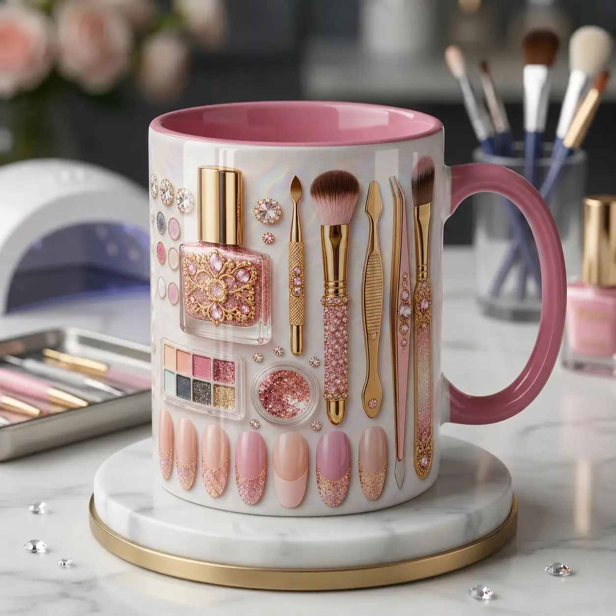Personalized Nail Tech Mug, Custom Pink Handle Ceramic Cup, 2D Printed 3D Effect Glam Nail Salon Design, For Nail Artists Women Manicurists, Birthday Christmas Mother's Day Gift, Beauty Lover Keepsake