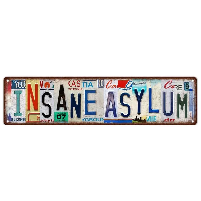1pc 'Insane Asylum' Street Sign Wall Hanging Decorative Rectangle Design Metal Tin Sign Wall Art Plaque Poster 16"x4" For Home & Outdoor Wall Decorations Vintage Garage Signs