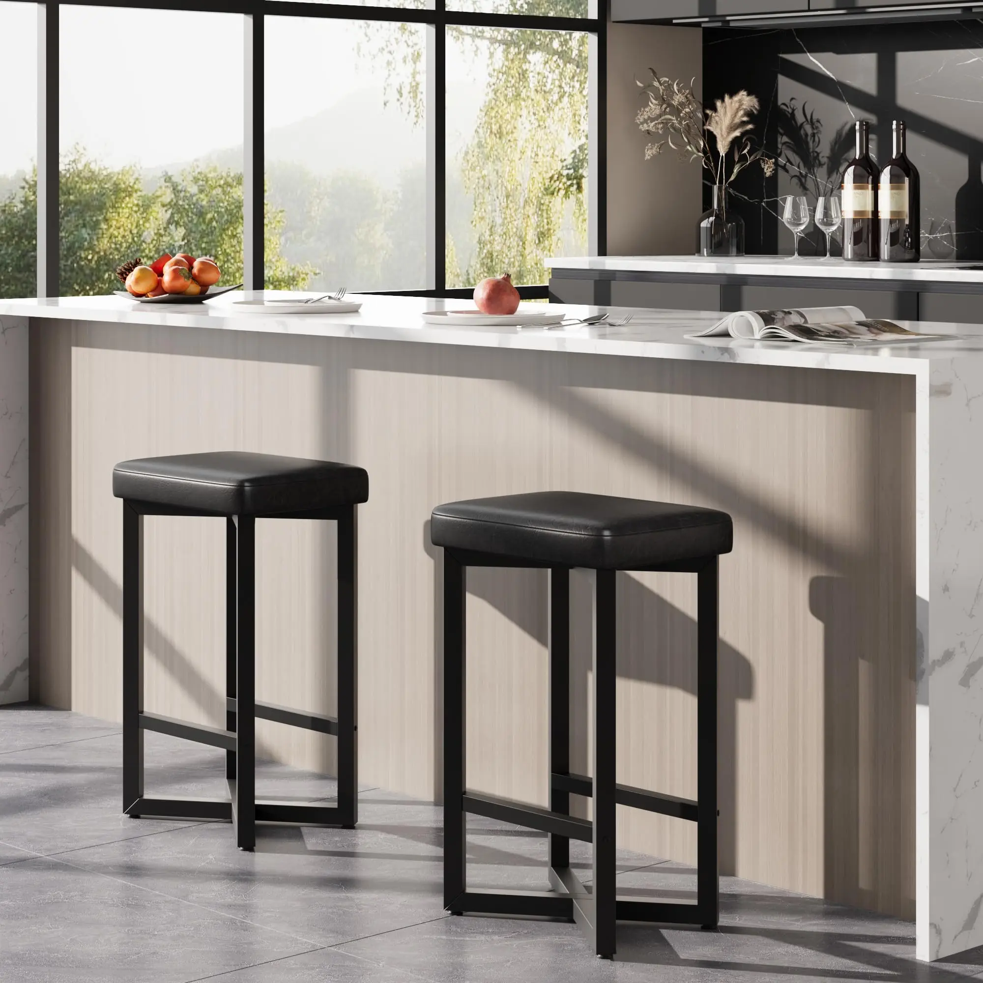 Modern Bar Stools Set of 4 Counter Height Barstools For Kitchen Island Backless Bar Chairs With PU Leather Padded Cushion Matte Black Metal Frame Industrial Pub Stools Home Dining Room Furniture Espresso