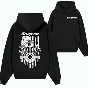 Snap-on "Patriotic Tools" Black Hoodie – Distressed American Flag Graphic Sweatshirt with Piston and Wrench Gear Design, Heavy Duty Mechanic Pride Apparel.