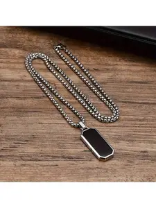 1pc Mens Stainless Steel Pendant Necklace, Black Enamel Geometric Fashion Jewelry
