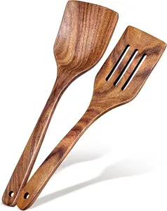 Elegant Acacia Wood Spatula Set 2Pcs Long Handle Rustic Sturdy Cooking Tableware Cutlery Utensil 13.3L x 3.4W Brown Wood Rustic Sturdy