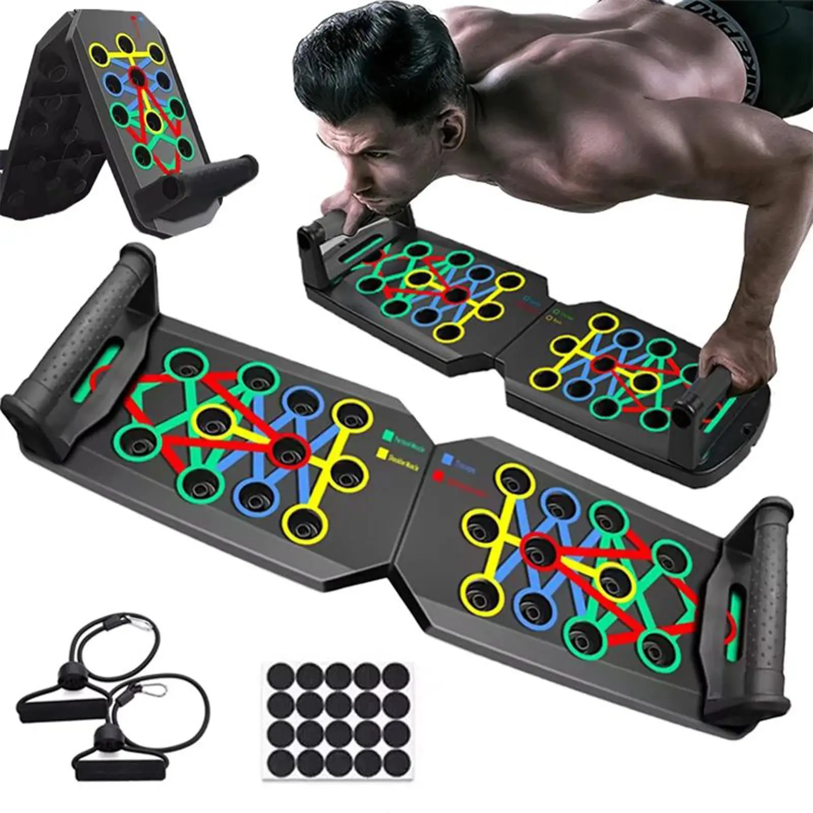 Foldable Push-Up Board with Color-Coded System, Portable Design for Full Body Strength Training with Resistance Bands and a Non-Slip Base, Home Workouts, Adults, Folds Flat, Maximizing Full Body Workout, Upper Body Boost