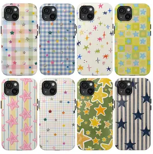 Retro Checkered Stars Phone Case, Colorful Y2K Aesthetic Protective Cover, Cute Rainbow Graphic Phone Case for Everyday Style