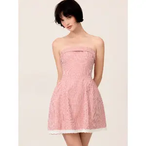 Cider Cotton-blend Gingham Bandeau Bowknot Lace Trim A-line Mini Dress SwimWeek