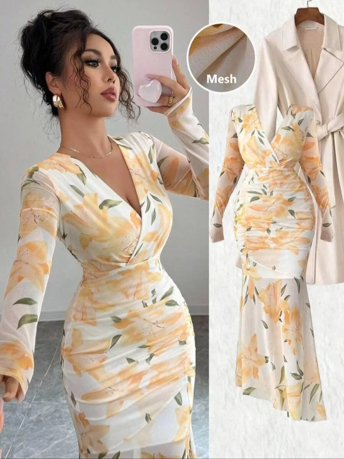 Elegant Floral Print Mesh Dress, Sexy V-Neck Ruched Waist Tail Hem, Long Sleeve Tight Fit Bodycon Ruched, New Fashion Lady Women's Clothing, Aesthetic, Chic, Womenswear, Elegance, Casual Chic Dress