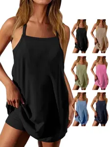 2026 Women's Athletic Sleeveless Mini Dress, Summer Square Neck Spaghetti Strap, Casual Loose-Fitting with Pockets, Plain Knit