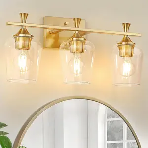 NEW 3 Light Bathroom Vanity Light Fixtures,Modern Brushed Gold Vanity Lights with Thicken Clear Wine Glass Bathroom Lighting Over Mirror Wall Lamp for Kitchen Living Room Hallway Cabinet Porch