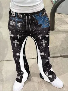 Men's Vintage Bell Bottom Pants, Classic Cross Print, Hip Hop Casual Fitted Long Pants, Comfortable Fabric, Versatile Travel Sports Pants