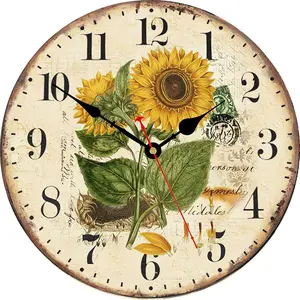 Vintage Floral Wall Clock, Yellow Summer Sunflower Decor And Accessories, Decorative Battery Operated Clocks For Living Room Bedroom Bathroom Farmhouse, 12 Inch