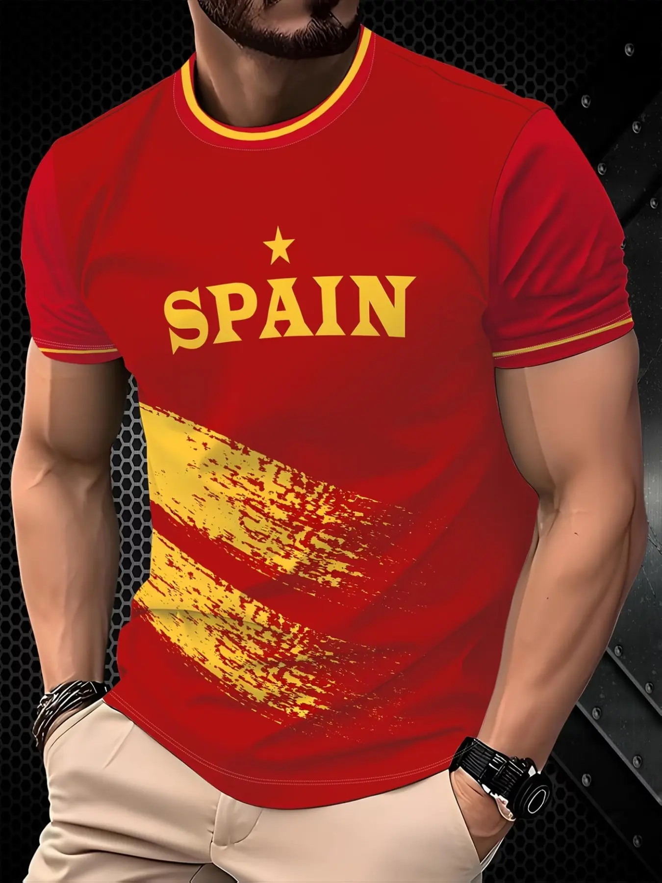 Men's Spain National Football Team Soccer T-Shirt, Spanish Flag Colors, Contrast Neck Design, Casual Long Sleeve Top, Soccer Tee, Soccer Shirts, Sports Clothing