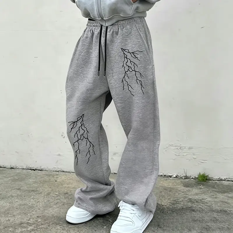Men's Trendy Street Style Casual Joggers With Unique Lightning Print, Elastic Drawstring Waistband, Versatile All Season Athletic Pants Suitable for Gym Workouts, Running and Daily Casual Outings