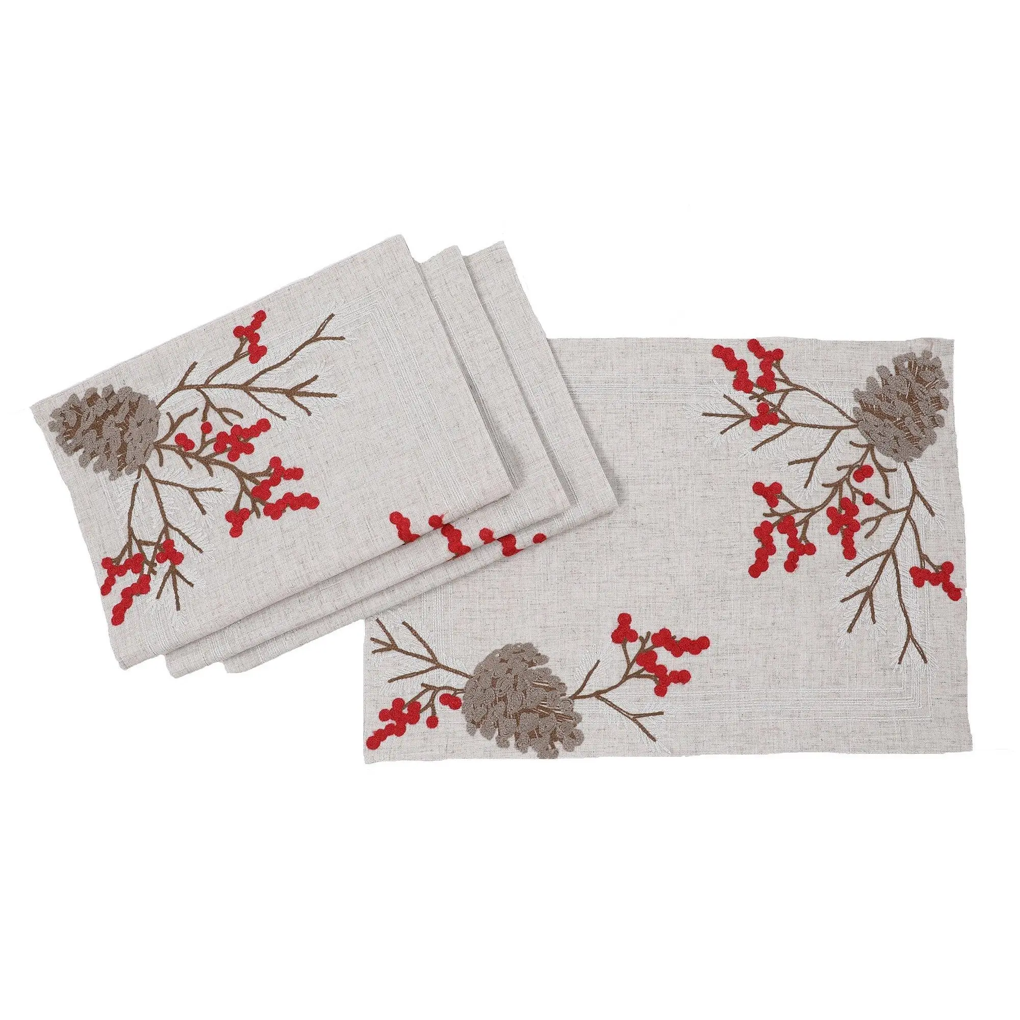 Christmas Pine Cone Crewel Embroidered Placemats