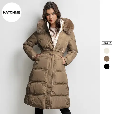 KatchMe Women's Trendy Fuzzy Hooded Waist Tie Long Sleeve Thermal Outerwear, Fall & Winter Comfort Outfit, Mid-Length Thick Jackets
