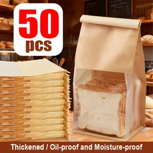 50PCS Paper Bread Bags with Window S/M/L – Wire-Sealed Kraft Bakery Bags for Toast, Popcorn, Cookies, Nuts, Candy, Pastries, Sandwiches, Treats & Food Storage, Perfect Holiday or Party Gift Packaging